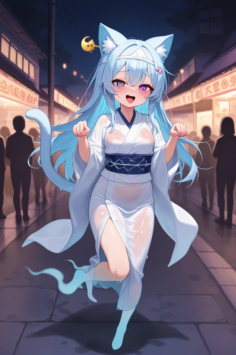 One、Wearing no clothing、Walking around town、Light blue hair、Standard Bust Size、Eyes are dead、Feeling embarrassed、laughing、Are crying、Wearing a flower ornament on her head、Nipples、Pussy、Night view、A large amount of condensed milk is poured over the body、condensed milk on the face、Condensed milk on your hair、Waving to many passersby