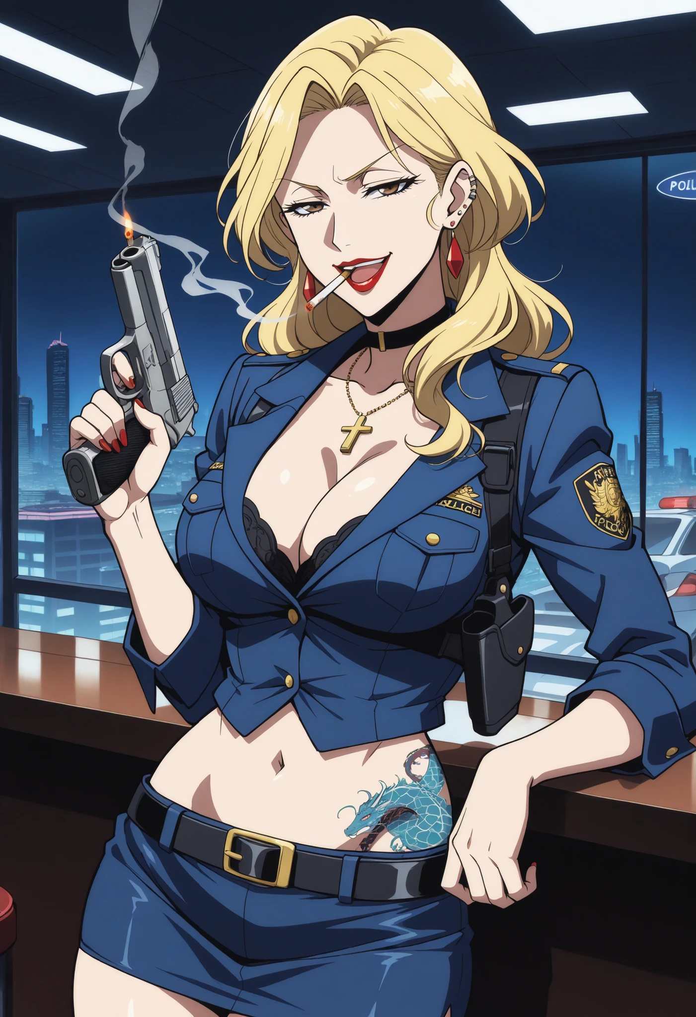 balalaika, blonde hair, long hair, 1girl,  mole under eye, blue eyes, blonde hair, blush, lipstick, Hot girl, baddie, staring, glaring, bad attitude, mean girl, dare, angry, hate, crazy, smoking, sensual, attractive, masterpiece, best quality, ((unbuttoned , cleavage, necklace, earrings, sexy body,
breasts)) , micro skirt, smiling, navel , exposed belly, exposed navel,(nsfw) not safe for work,school,knot,
classroom , holding a gun, hold a gun