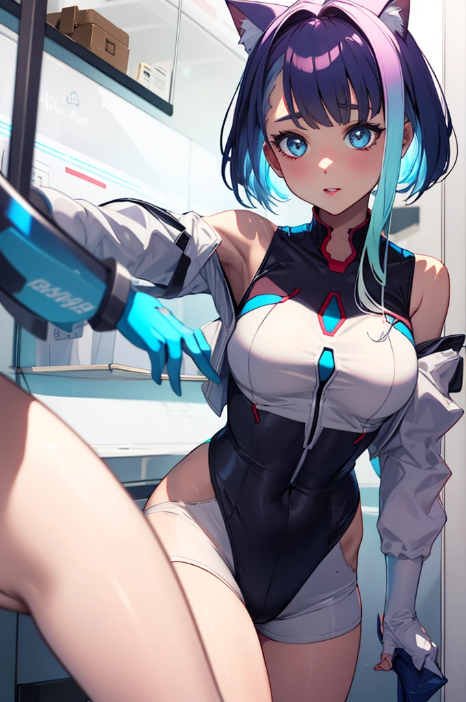 Teal hair, pussy sex slave tattoo, (hairy pussy:1.3), lifting up her shirt, sexy bra, (gigantic breasts), 4k, detailed face, anime stlye girl with large bright highly detailed gray eyes, wild short pixy hair cut hair style, wearing a blue and white skin tight long sleeve painted on top, sexy tongue, (robotic legs).