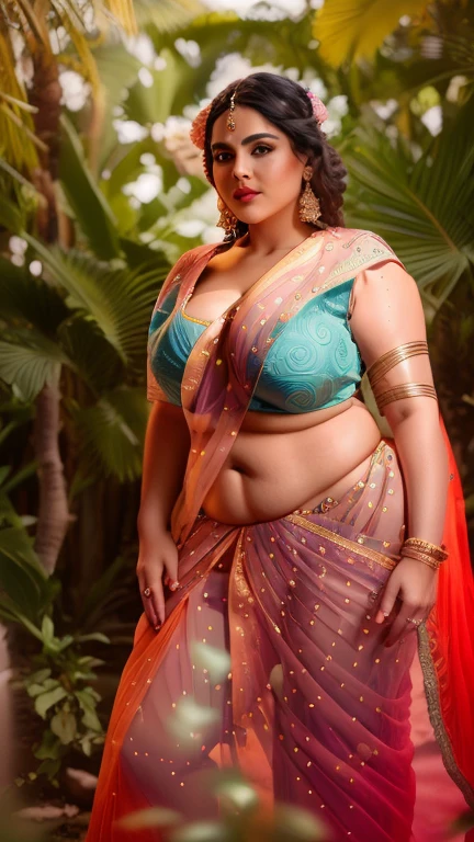 1 Heavenly beautiful and goddess beauty cute and sweet looking face Arabian woman in Chrono Garden, Heavenly beautiful Overweight, Heavenly beautiful Extremely fat, Heavenly beautiful and attractive Chubby figure , Heavenly beautiful looking and eye catching luxury style Indian traditional saree and bra, reaching out, Heavenly beautiful Arabian woman, 16k, High resolution, masterpiece, highest quality, fine skin, outside view, Realistic Photograph, close up figure view, Heavenly beautiful smile face