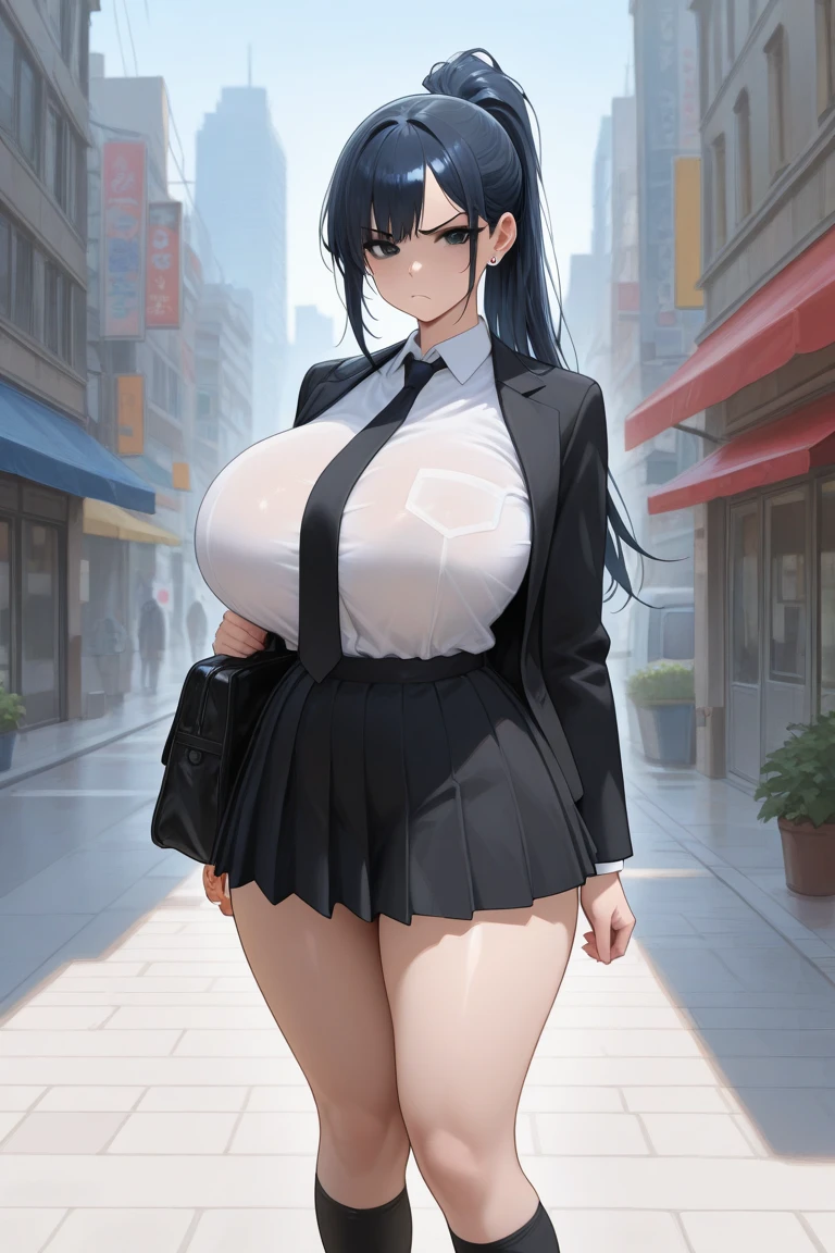 Masterpiece, best quality, TakamineAyako, 1girl, solo, mature female, milf, standing, cowboy shot, looking at viewer, confident, determined, blush, black hair, blue hair, long hair, ponytail, eyelashes, blue eyes, semi-rimless eyewear black blazer, open clothes, navel, white shirt, pencil skirt, pantyhose, curvy, large breasts, thighs, city park, day, complex background, absurdres, sky, <lora:TakamineAyako:1>