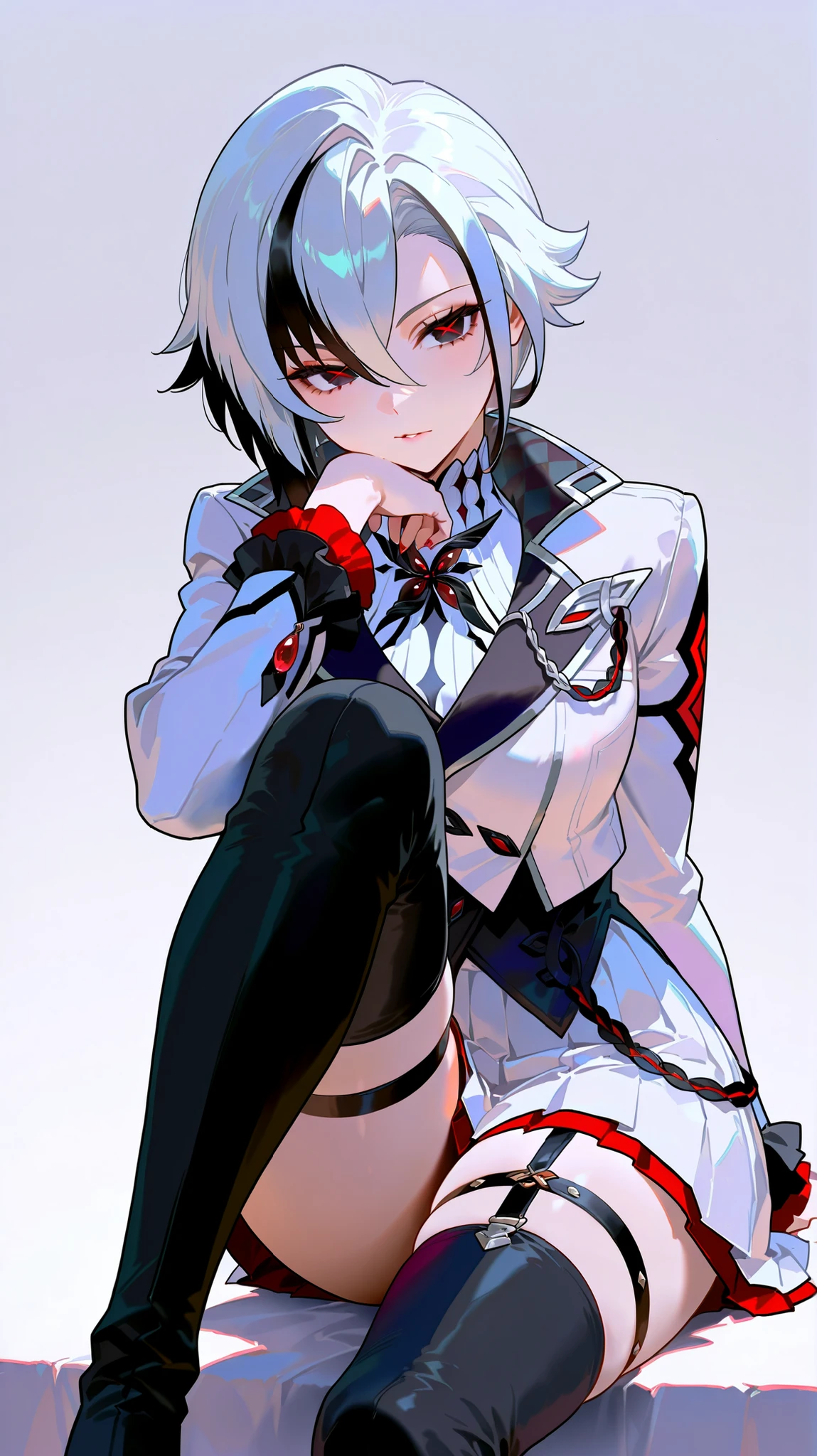 masterpiece, top quality, best quality, official art, beautiful and aesthetic:1.2),(8k, best quality, masterpiece:1.2), (((masterpiece))),(((best quality))),(((extremely detailed))), illustration, who, (masterpiece, top quality, best quality, official art, beautiful and aesthetic:1.2),(8k, best quality, masterpiece:1.2), arlecchino gi, x-shapped pupils,white hair,short hair, white background, simple background, dreikoo style, 1girl, solo, A detailed digital illustration of a young woman with short, messy white hair with striking black streaks and intense red eyes. She is sitting and leaning on her hand with a confident expression. She wears a black school blazer, a white dress shirt, and a black tie with a red cross symbol. Her outfit includes a blue pleated mini skirt, fishnet stockings, black thigh straps with metal accents, and black laced thigh-high boots. She has red painted nails and a black butterfly necklace with a red gem. A small red chain accessory hangs from her belt. The perspective is three-quarters view, focusing on her upper body and legs against a plain white background. | anime style, digital art, sharp focus, high resolution, masterpiece, best quality, ultra detailed CG