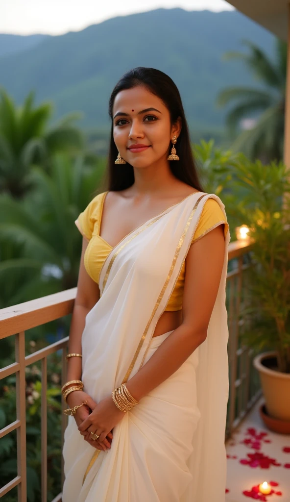 Malavika Mohanan 26 years old beautiful different face cute sexy Indian girl, curvy figure, beautiful different colorful covered t-shirt design blouse Banarasi design saree, big m-cup tight breast, different hairstyle, bright eyes, thin eyebrows, fair skin, blushing cheeks, head to thigh view, smiling face, Kamasutra expression, Straight front view standing beautiful different merry Christmas old Indian village soil road background, ultra realistic, head to thigh view, black hair, Provocative eye Contact, glossy lips, attractive eye contract face, oval breast, different village soil house