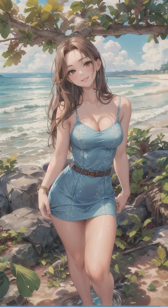 absurdres, 1girl, ocean, railing, white dress, sun hat, smile, (realistic:0.75), (waving:0.9),