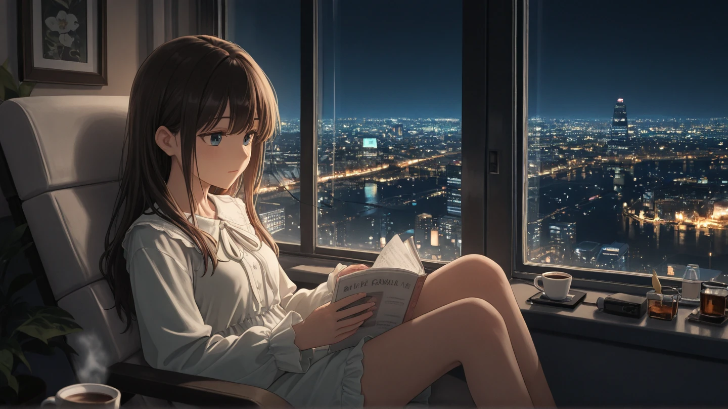 Girl sitting on sofa reading a book,In front of a large window,Night view,Streetscape