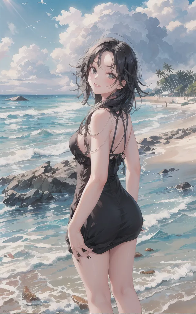 looking back at viewer、One person、Pussy、tideland、blue sky、Black T-shirt、Black Swimsuit、Short black hair、Thighs、Girl、Girl、Short、Younger、Lower school year、Baby Face、Both eyes open、flat chest、refreshing、Innocence、smile、Dynamic Angle、Beach、My feet are covered in mud、There&#39;s a little bit of mud on my face、sunlight、masterpiece、best quality、ultra-detail、Seaside、Sandy Beach、Sweat、event
