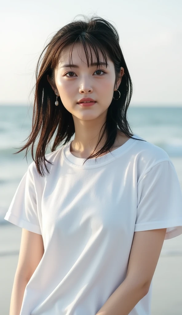 ((A lonely girl walking on the blue sea beach of Japan:1.3))、((Close ~ eyes:1.3))、((LOL:1.3))、((Please open your mouth wide:1.3))、((Take off your T-shirt:1.5))、((Bust shot close-up:1.3))、((Side view:1.5))、((Sunburned skin:1.3))、((the wind is strong:1.5))、((Wearing a white T-shirt:1.3))、((Ultra-clear image quality:1.3))、(masterpiece、Highest quality) 、For a clear image、Strong sunlight、Really great images, Very very beautiful、masterpiece, Highest quality,photograph, cute、(Huge boobs:1.2)、((20-year-old woman:1.2))、(Redness of the skin:1.3)、Young and adorable Japanese face, Fresh skin, Face close-up,, Soft Portrait Shot 8k, if々Shishi: A real young idol from Japan、Young and cute gravure idol、Young Sensual Gravure Idol、Young Gravure Idol、Japanese Model