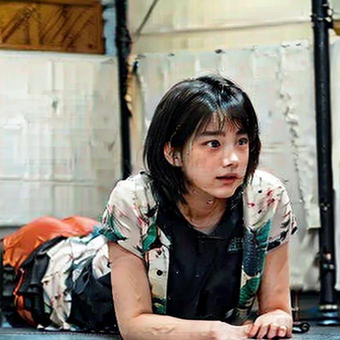 a man and a girl are fighting. A high school girl street fighter is fighting a man in an abandoned building. she is beated so hard by him. Her body is being punched hard by him. She is lying down. She is crying and screaming. She has bruises and blood all over her body and face. Muscular bodies. Six-pack abs. She has short-cut black hair, shortness of breath, drool from her mouth, one closed eye, exhaustion, and sweat soaked.