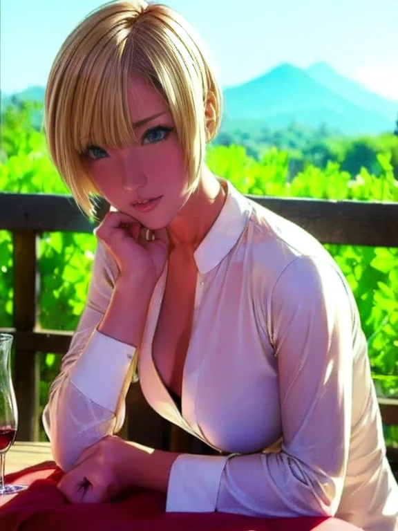 ((masterpiece,best quality)), absurdres, Mito_Ikumi_Shokugeki, blonde hair, dark skin, green eyes, short hair, 1girl, solo, ahoge, choker, solo, smiling, looking at viewer, cowboy shot, upper body, detailed face, detailed eyes, wedding dress, at the park, sitting, flowers