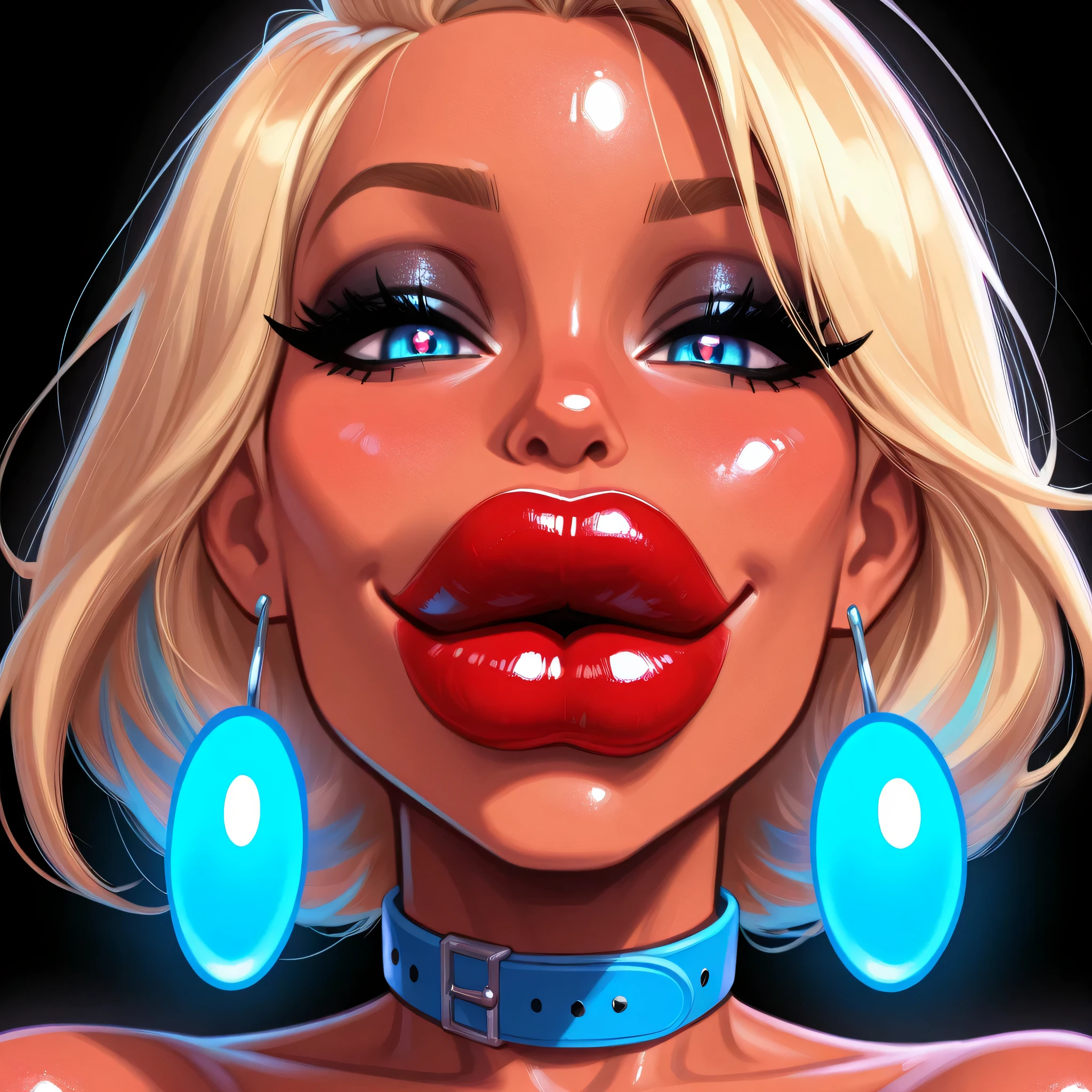 masterpiece, best quality, amazing quality, very aesthetic, high resolution, ultra-detailed, absurdres, newest, colorful, (((close_up:1.4))), (((sxyb1mb0, big lips, sxy5tyle, (((portrait, face only:1.4, looking at viewer:1.4))), (((1girl, solo, MILF, 40 years old, blonde and blue hair, fit body, big lips, red lips, BIMBO, tanned skin color:1.2, blue eyes, shinny skin, blue collar, blue haert earring, smiling, closed mouth, seductive face expression))), (((simple black background, good lights))),
