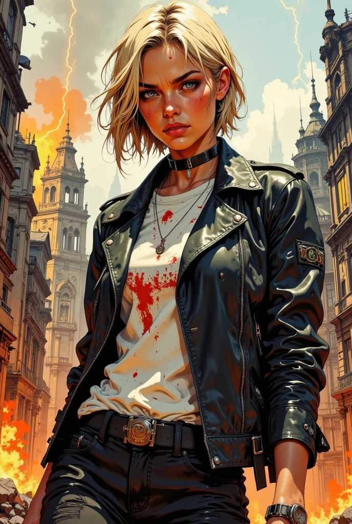 <lora:BurnSmokeWorld:1> (BurnSmokeWorld:0.95) 1girl ,( short blonde hair:1.2),walking in forest with punk style shorts , red bra smiling <lora:more_details:1.6>