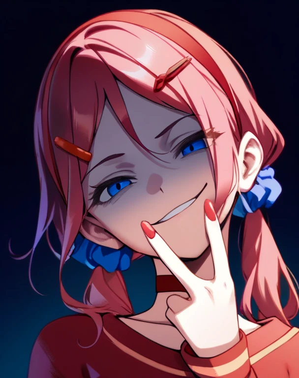 (masterpiece, best quality, high score, great score), absurdres, 1girl, mita \(miside\), miside, blue eyes, low twintails, red hairband, blue scrunchie, red hairclip, red choker, finger to mouth, beautiful finger, partially shaded face, head tilt, gesugao, smirk, upper body, dark background, dark