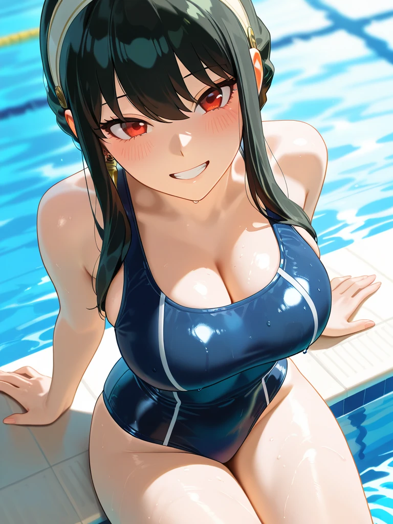 Beauty, Navy Blue Hair,short hair(Inward Curling Bob) ,blue eyes,Costume(Lifeguard), Large Breasts、Blue Earrings、background(Boolean) 、Sexy pose、smile、Open your mouth wide
