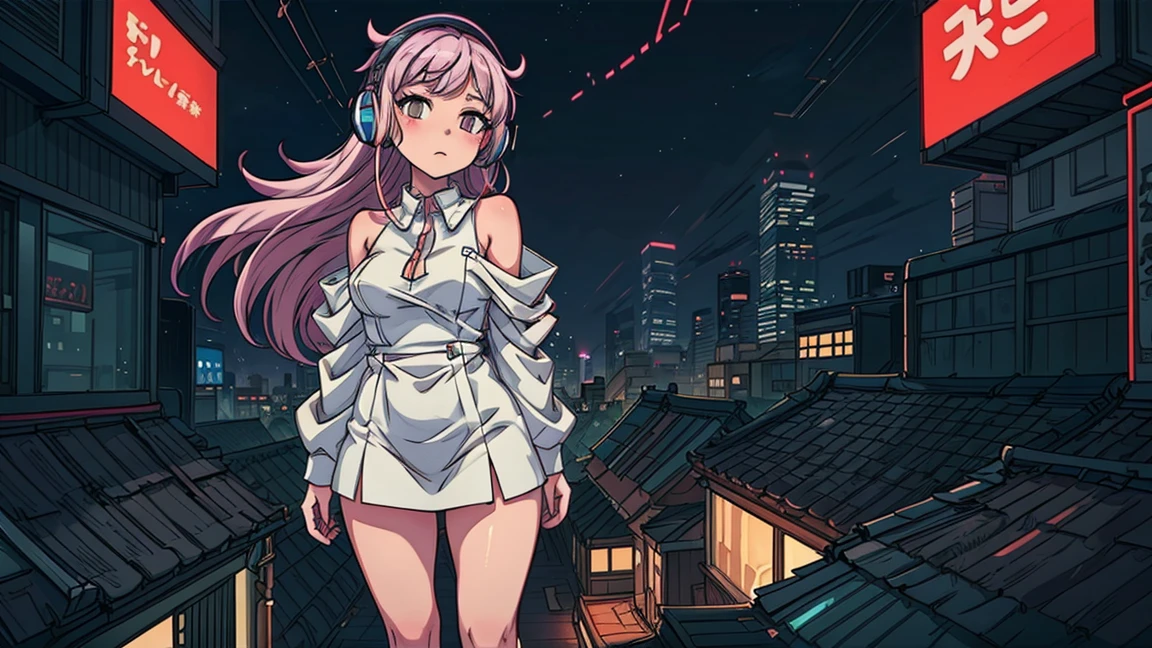 A sexy anime girl with headphones and glowing skin, standing in front of a beautiful background with a beautiful sky. The background is aesthetic and features vanilla, night, cleavage, Japan, and Tokyo city in a synthwave style.