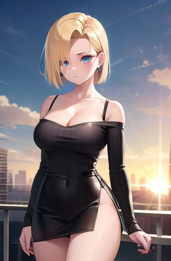 High resolution, 2D anime style,,Blue eyes beautiful eyes,high and beautiful nose,thin face,blonde boyish short hair,cool adult woman,chest is a little big,She looks very happy,bite'lips, she was laughing so much,she narrows her eyes,Fashion that shows cleavage,I'Iは窓辺でイヤホンを耳に入れて勉強しています.,London morning skyline