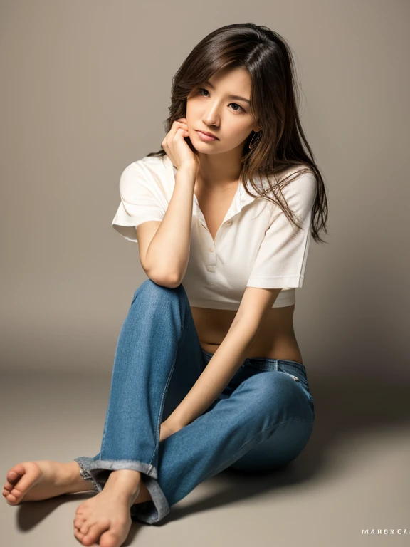 dark brown hair、Light brown eyes、The face of the Japan actress、adult lady、looks like him'i'i'i'i'i'i'i'i'i'I'm about 40 years old、(intricate-detail:1.2)、(top-quality:1.4)、 (超A high resolution:1.2)、超A high resolution、(A detailed eye)、(detailed facial features)、nffsw、8K resolution、moderately sized udder、length hair,fitness,i'Training in the gym,photo showing feet,arms are2It is a book,The legs are 2,