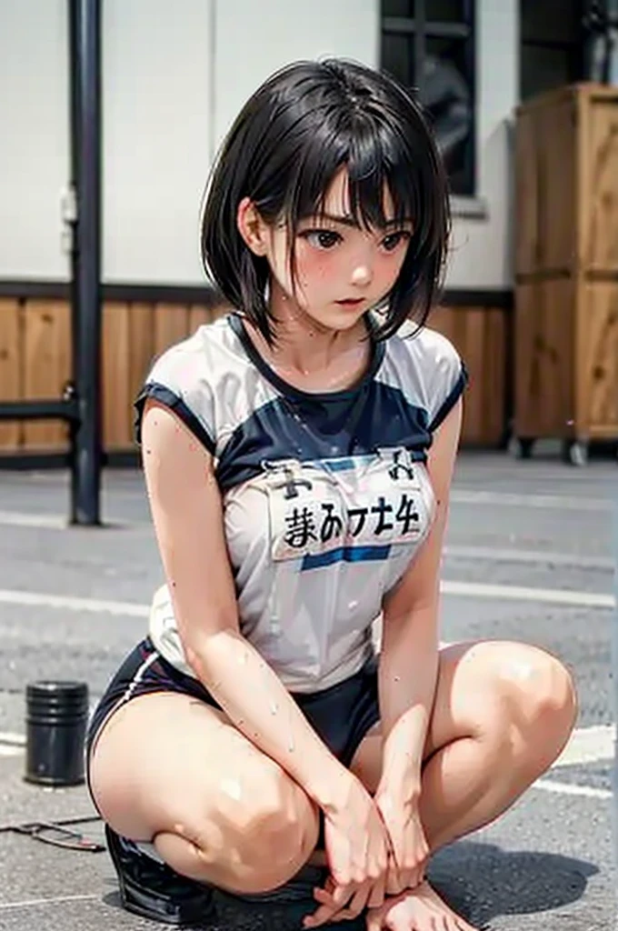 High resolution, Highest quality,  super high quality, Very detailed, 8K、(underwear:1.2)、、Embarrassing、Sweaty、Sweat、Embarrassing、(masterpiece:1.2, Highest quality), (Realistic, photoRealistic:1.4), Beautiful illustrations, (Natural Side Lighting, Cinema Lighting), View your viewers, whole body, 1 Girl, Japanese, high school girl, Perfect Face, Cute and symmetrical face, Shiny skin, Baby Face, (short hair, Low twin tails,Black Hair), Hair between the eyes, black eye, Big eyes, Droopy eyes, (Center of chest, Captivating thighs, Big Ass)、