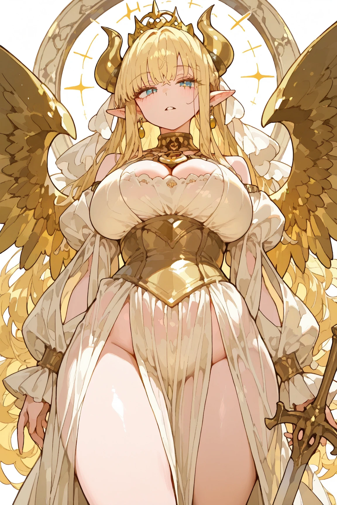 Priestessess,Valkyrie,Angel Wings,belly button,Side bust,Complex,Particles of light,Thighs,Shiny skin, Perfect lighting, One girl, View your viewers,Winged hat,Pelvic Curtain, smile,(masterpiece), (Highest quality), Very large breasts, maternal, Porcelain-like skin, Honey Blonde Hair, Very long hair, Wavy Hair Vulgar tattoos