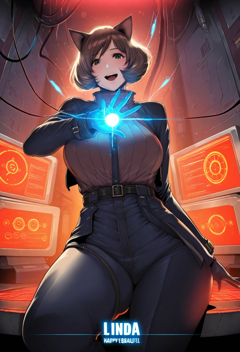 Elizabeth, huge boobs, big hips, (BioShock style), face detailing, ultra quality, (blue purple light), ((dark brown shirt mini dress, see through)), ((see through)), jacket, belts, face detailing, ultra quality, stockings, ((huge puffy nipple)), ((boost push down boobs)), in catacombs, magic sphere, (strange armor)
