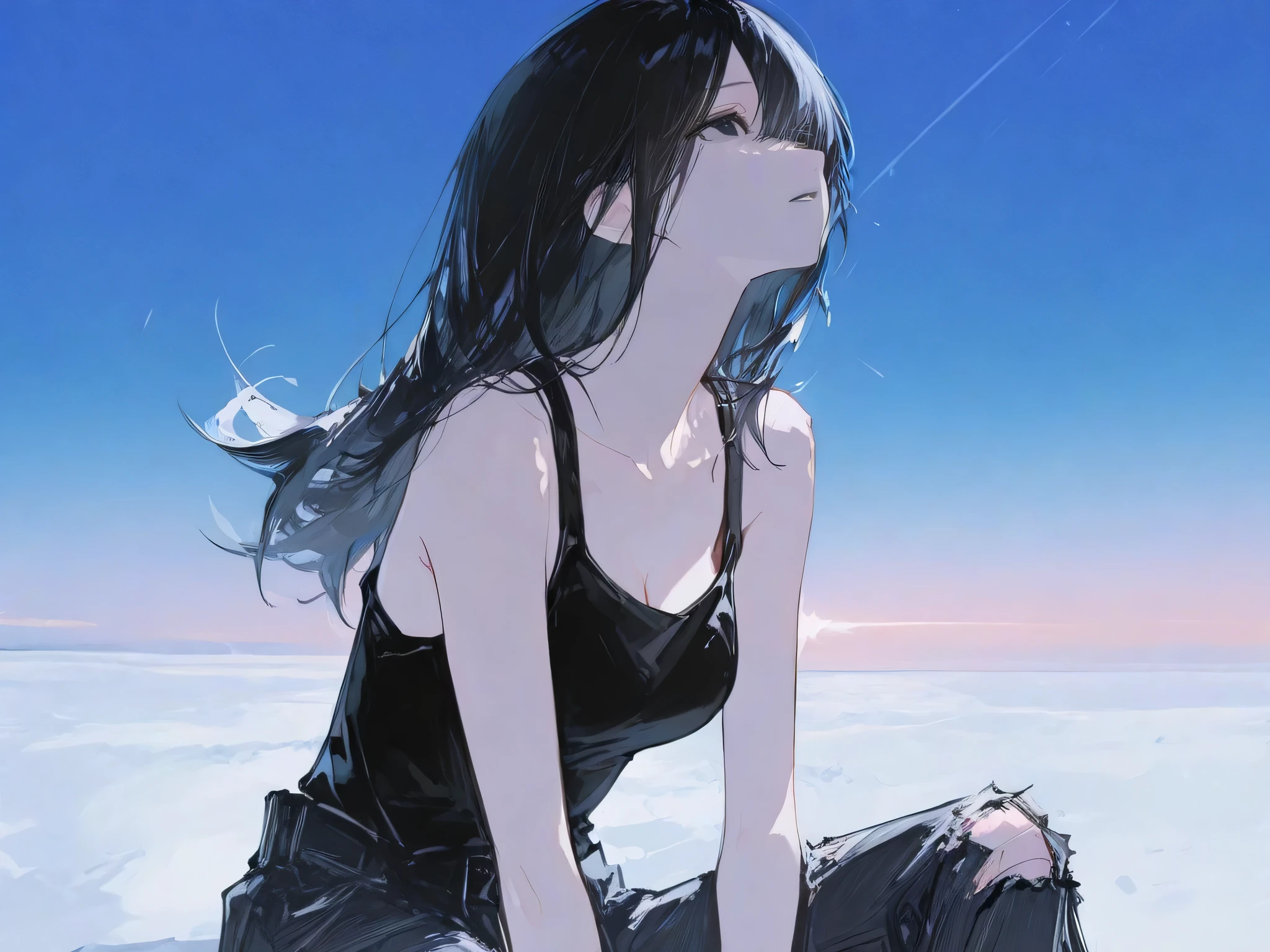 score_9, score_8_top, score_7_top, one young girl, 18 years old, alone, sit with her siluet, seeing sky, energic, long hair, black hair with light pattern, smooth hair, black eyes, beautiful eyes, black tank top, open white shirt, long black ripped jeans, [beautiful breasts], 