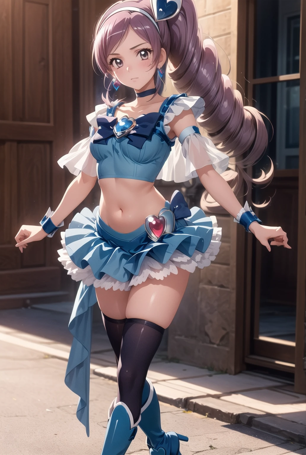 1womanl,Black hair,12year old ,((Impatient expression)),Beautiful breasts,(((Sexy magical girl white and blue high-leg bodysuit)))(())(((Blushing cheeks、Surprised look)),((())),((( portlate))),Blue eyes,(((Bangs are aligned)))()Street,Crowds(magical girl hair ornament)