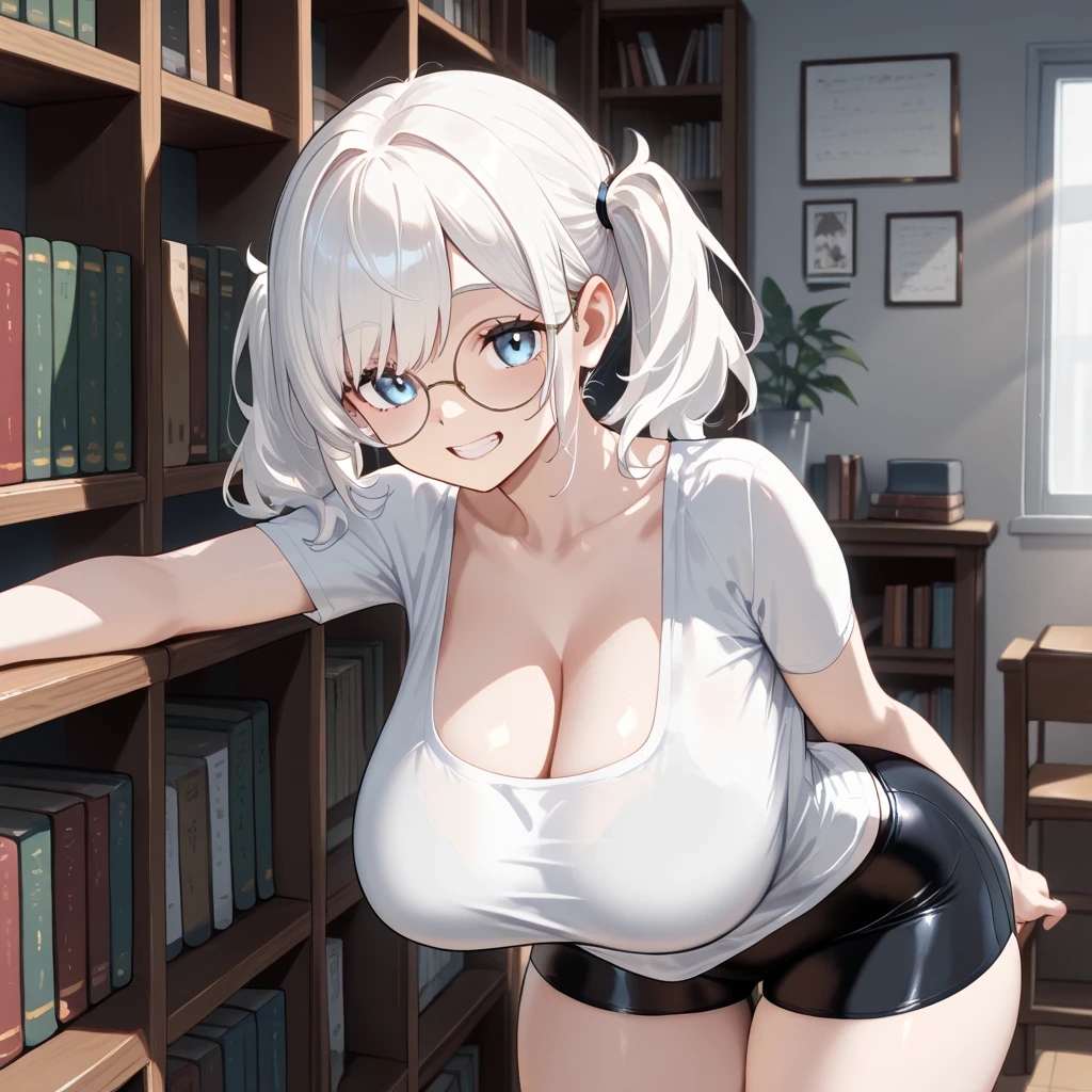 huge tit, Simple background, skin tight, cuteexpression ，Masterpiece,(Best quality,(Shiny skin),realisticlying，kneeling down，legs separated，spreads her legs apart，Silver glasses，busty figure，Place your hands next to your face，near，Smile Expression，White transparent lace bikini，areola of breast，Exposure to sexual organs，The lower body is heavily exposed，The upper body is severely exposed，Transparent erotic underwear