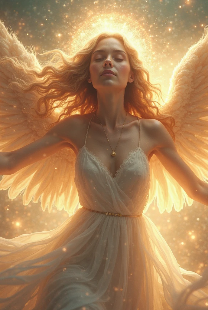 "Design a mystical and serene cover featuring an ethereal angel with glowing wings, surrounded by celestial light and spiritual symbols."