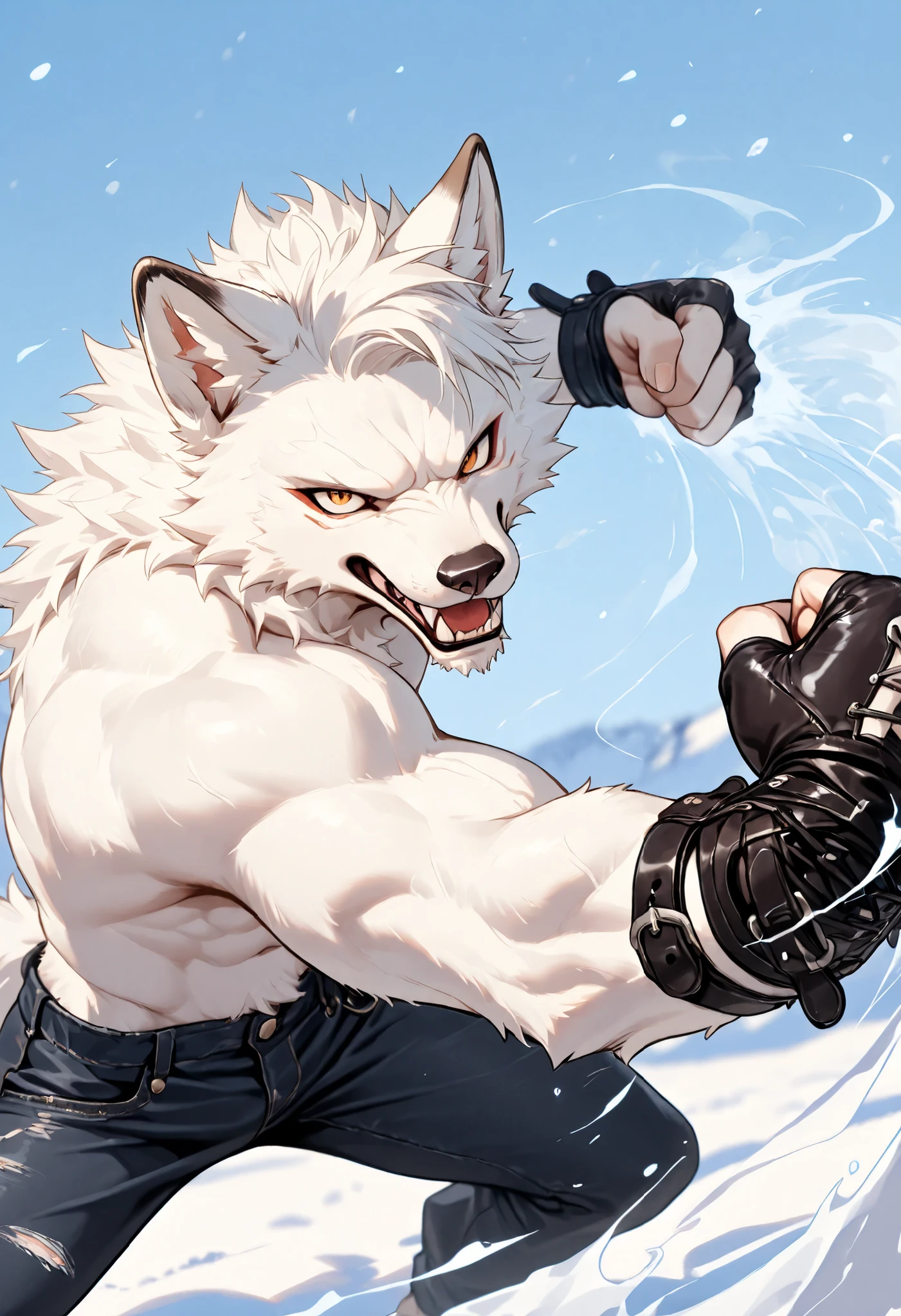 realistic, real shadow and light,depth of field, looking at the viewer, Athletic body, commission for high res, anthropomorphic, there is a White Fox, White fur, fluffy, furry, pointy nose, wearing black jeans, snowy, cold weather, freezing, close up, topless, slim body, black jeans, snowfield, looking at viewer, open mouth, Sharp fangs, bare chest, (looking at viewer), close up, Leather strap, topless, fight stance, bdsm strap, punching, punch stance, aggressive.