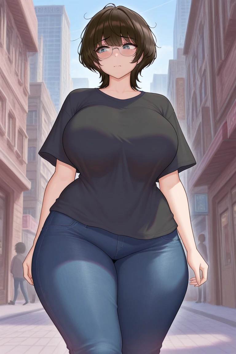 ((highres)), Masterpiece, high quality, best quality, beautiful, perfect lighting, detailed face, ultra cute face, ((1girl)), ((solo), short brown hair, messy hair, green eyes, ((blush)), nervous, affectionate smile, in love with viewer, arms behind back, looking at viewer, leaning on a wall, city, daytime, crop top, short shorts, (tight clothes), (wide hips), ((thick thighs)), (pudgy), medium breasts, cleavage, perky breasts, 24 year old female,