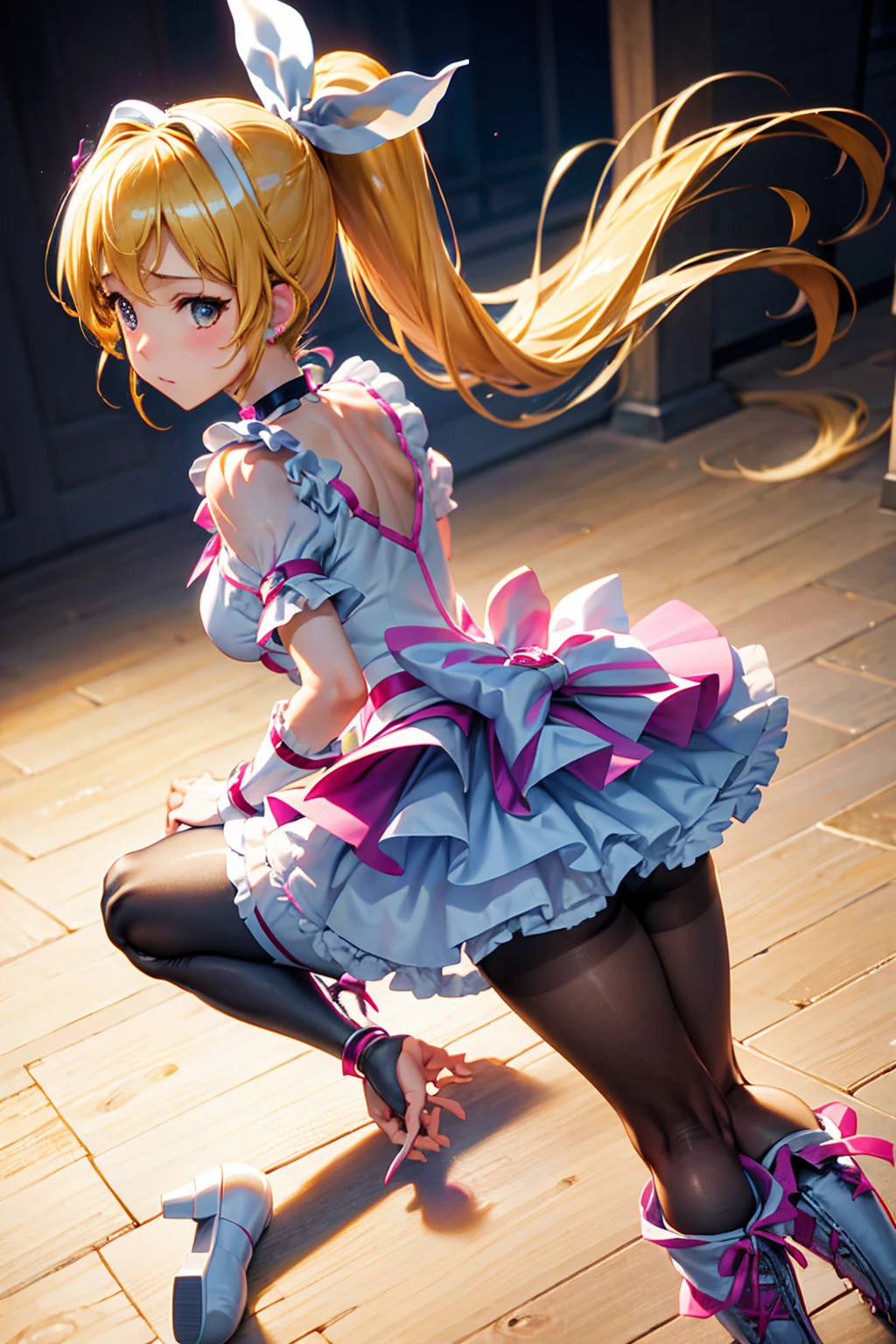 Cure the rhythm、Pretty Cure、blonde、Long Hair、Medium Chest、prison、One Girl、((Pantyhose with holes))、(boots)、ponytail、(His arms are chained)、Kneel、(Black Pantyhose)