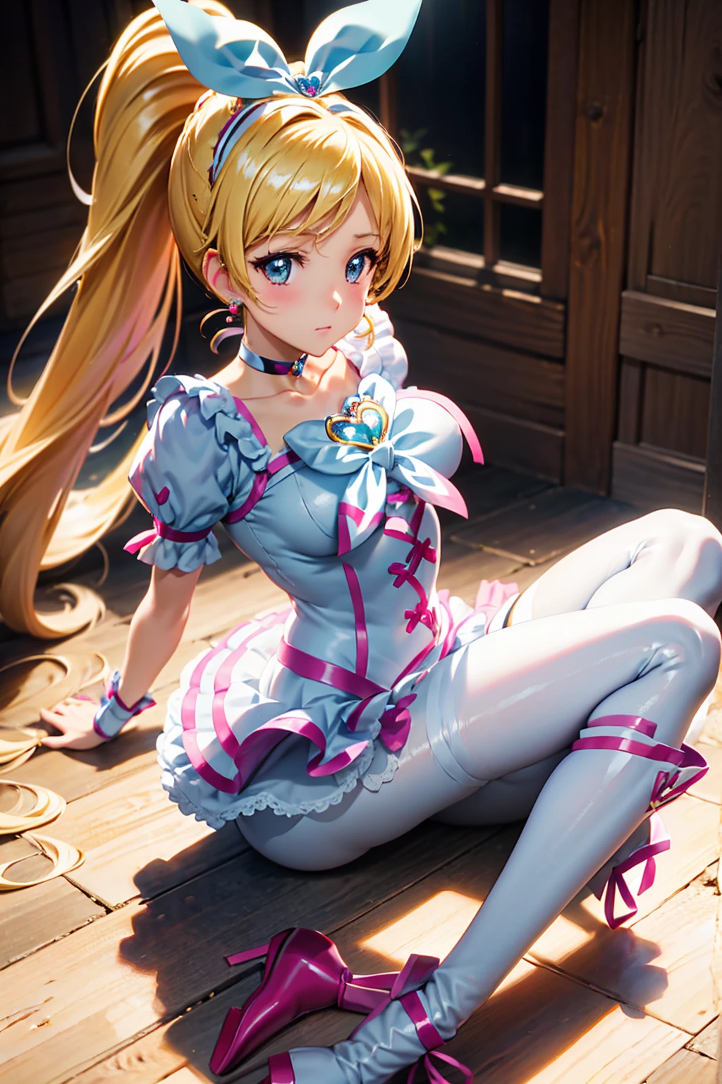 teens girl, With blonde pigtails with big pink hair bow, Bloomers that are perfect for your skin, Huge boobs, Lots of cleavage,Curve, thigh highs, Luminous. 4K. Sexual exposure. Engaging pose.Lingerie with a small area, large full breasts、 (See-through panties:1.2),、、, the anime girl is crouching, beautiful anime girl squatting, Bending over, highly detailed giantess shot, , bottom shot, turned around、