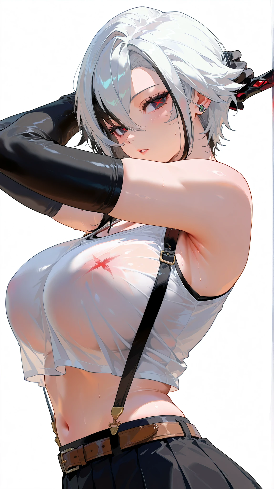 beautiful, masterpiece, Highest quality, anime, One girl, C Cup,Portrait Shot, View your viewers, Covered、Short Hair、nearby、Blue Eyes、art、、White hair,Blue streaked hair、hairpin、Cute Shy、Thighs、Cute、blue sky、Beautiful breasts、Full Harness、valley、Nipples、Pussy、Sweat、Armpit、Under Harness、Body Harness、Nude、Constraints、bondage、Penetration、handcuffs