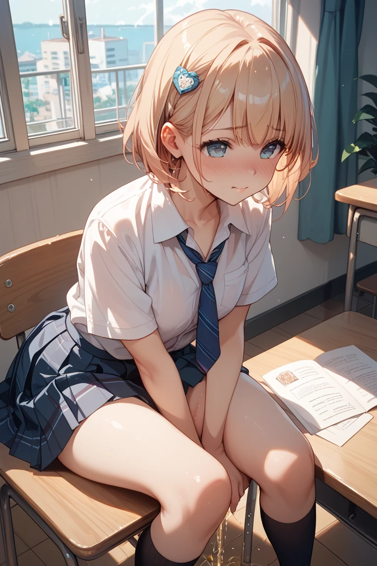 white panties,school uniform,khaki sweater,squatting,cute face,big eyes,smiling,short hair,gold hair,blue eyes,from below,in the classroom,masterpiece, extremely fine and beautiful
