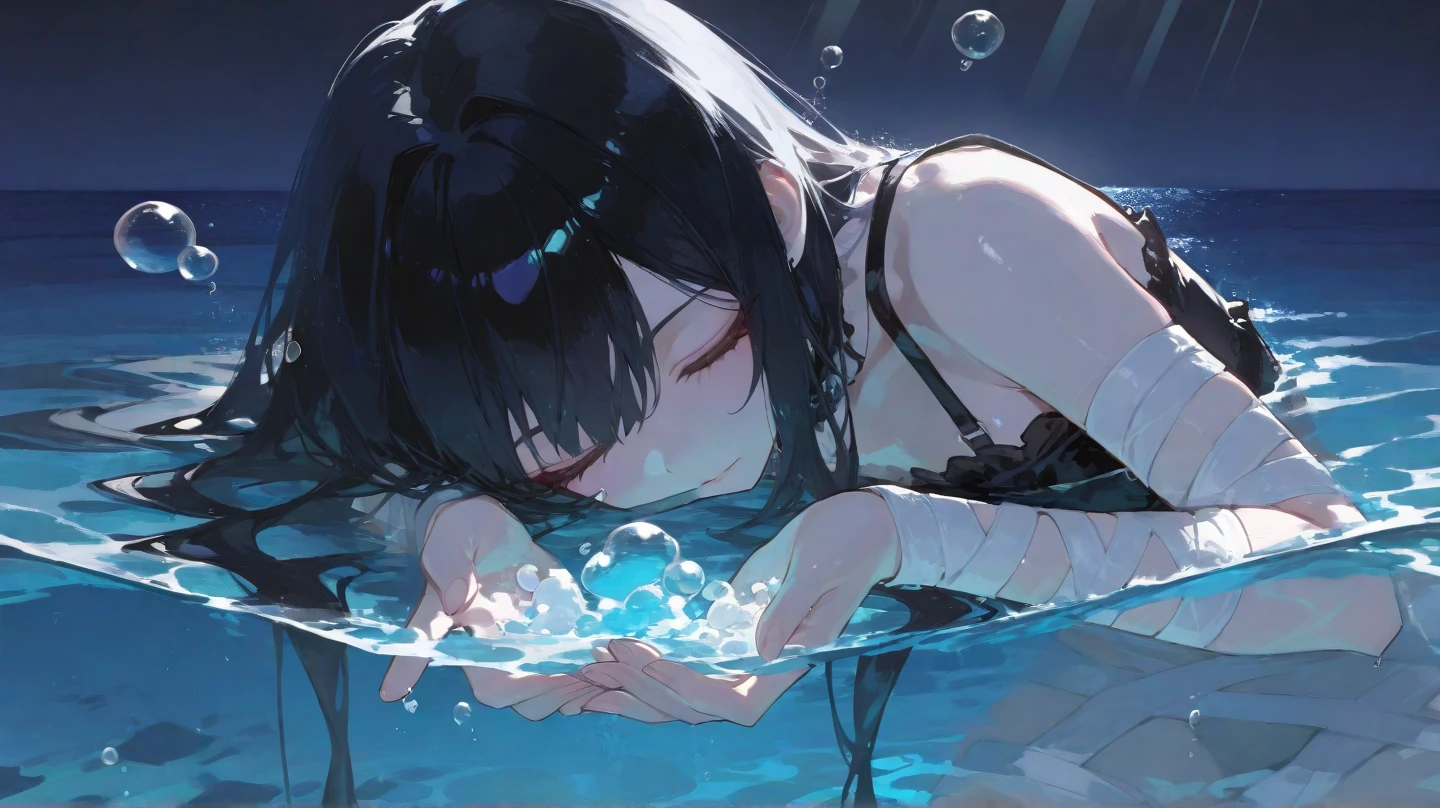 (Extremely refined:1.5),1 girl, sitting in water, Foot washing,Pantyhose,No shoes,trumpet,Female Kirito,long hair