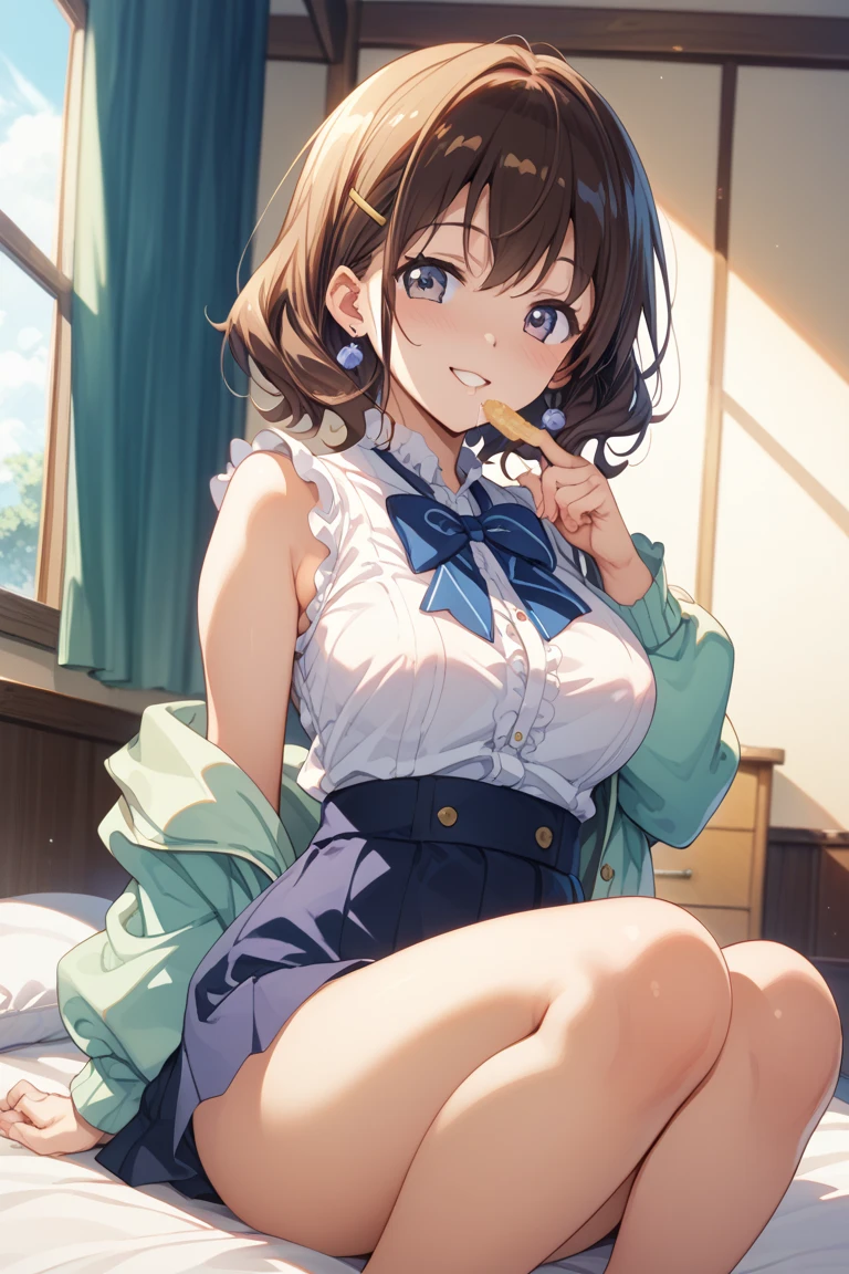 Close-up、(((blonde hair)))、wavy short hair、cute、summer:1.3、shirt:1.3、、skirt(((Highest image quality、High resolution、masterpiece、one woman)))、((((embarrassing:1.3、)))、(((cute)))、Super delicate and cute girl with black hair、soio、a high school student、16 years、8K Ultra High Definition、Delicate texture、short wavy Hair、flat chest、(((Plaid mini skirt)))、(((Wear white camisole)))、(((navy colored high socks))),,Plain clothe、Smiling,spreading her legs,exposed panties,nsfw,middle breast,classroom,lying down on the desk,spreading legs open wide with knees bent,creating the shape of the letter M,(((detailed race white panties))),