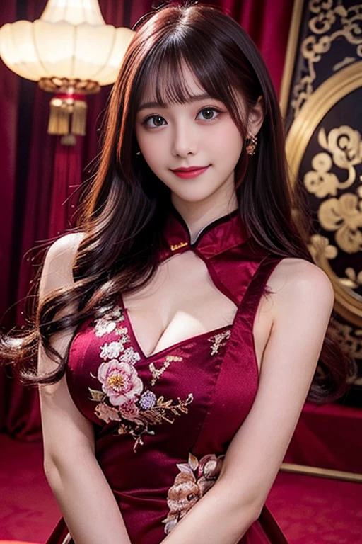 Ulzzang-6500-v1.1, (RAW Photos:1.2), (Realistic:1.4), Beautiful detailed girl, Very detailed eyes and face, Beautiful fine details, Beautiful legs、Ridiculous, Incredibly Ridiculous, Large file size, Super detailed, High resolution, Very detailed, highest quality, masterpiece, Kemomimi,(Red long cheongsam with deep slits、Overall image、Big Breasts ), Face Light, Cinema Lighting, 1 girl, (smile), (Seductive poses))), (Overall image、Inside the room、Angle from below)