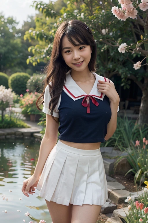 (((full bodyesbian)))、((Girls' High School Uniforms))、((１a person))、ponytail、short-hair、Close to the subject、((a school flower beds)))、(((ssmile)))、(((Girls' High School)))、((a beauty girl))、((natural pose))、Photorealsitic、Beautiful detailed eyes、Hyper-Realism、highcontrast、Ultra HD、realistic skin textures、Top image quality、top-quality、超A high resolution、Fine details、Very meticulously、bokeh、well-endowed round bosom