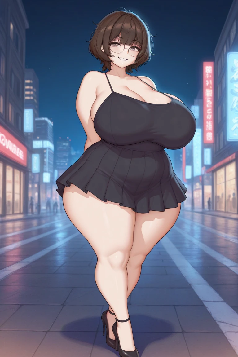 ((Highest quality)), ((masterpiece)), (detailed),
((huge breasts))
((Very thick thighs))
((Very fleshy young woman))
(Tall)
(cleavage)
Black ponytail hair
Blue eyes
Standing
((Black tight dress))
(((Shoot from front)))
(((photograph the whole body)))
Japanese
Tokyo city
Night