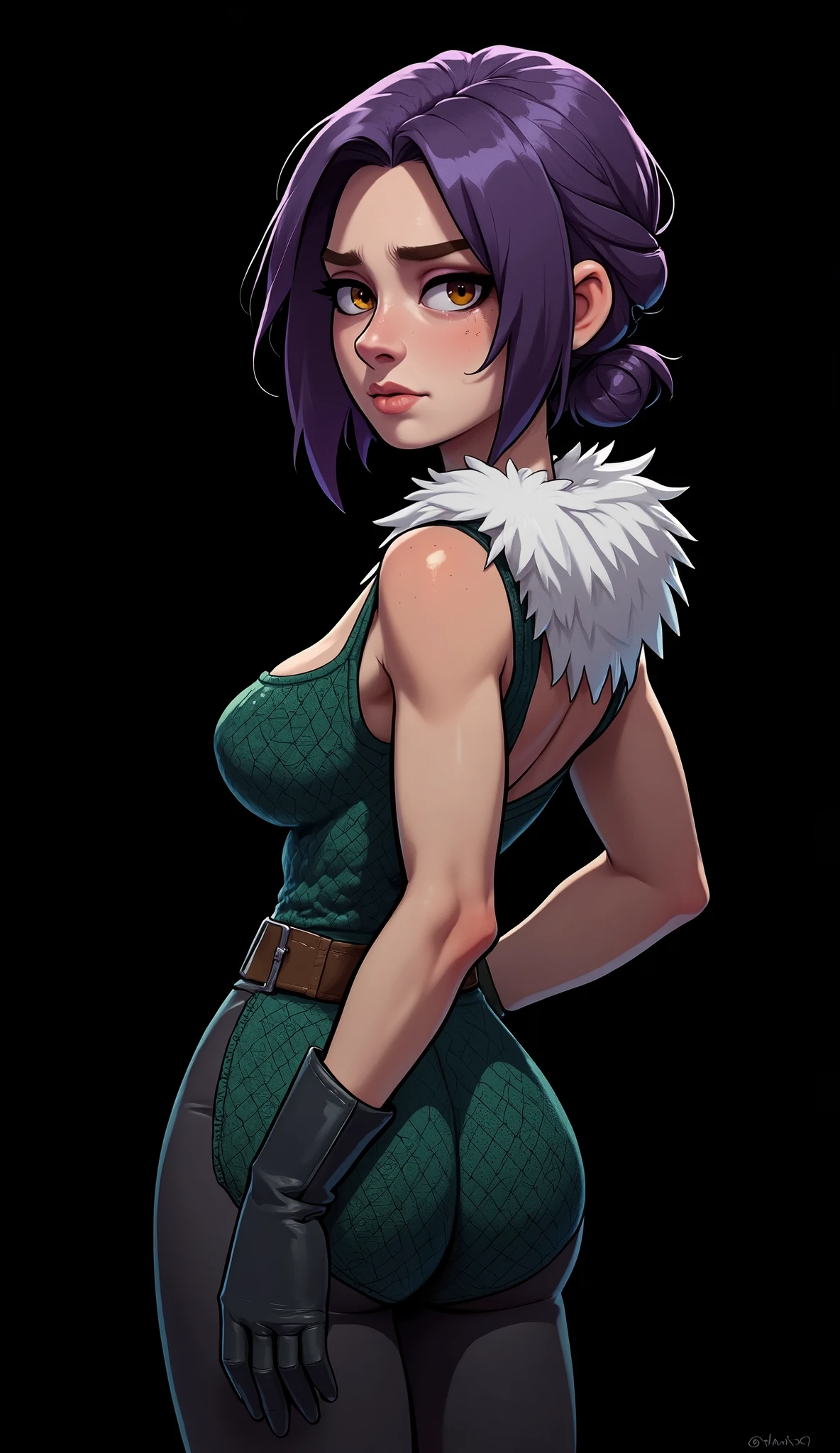 best quality, 4k, extremely detailed, realistic, sadness mood, hopelessness:1.5, masterpiece, (5 fingers hands), ((rogue girl)), leather gloves, (((knitted dark green leotard))), white fur, upper short ponytail haircut, violet hair, (((very sad face))), (((tears))), ((sleeveless)), cameltoe, brown belt, huge breasts, slim waist, slim hips, perfect detailed face:1.4, big eyes, beautiful latino face, medieval fantasy, ((full body:1.3)), (((black background)))