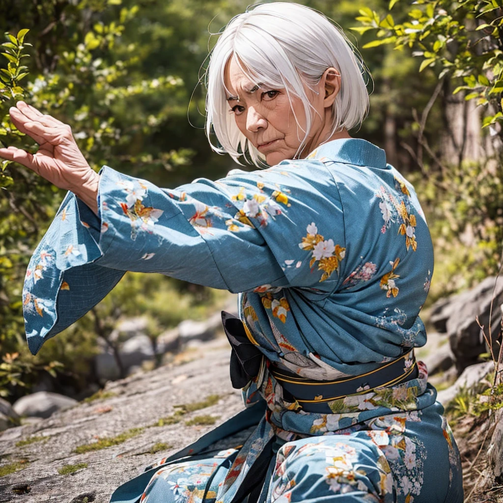 ((Massive Muscular body type woman,)) ((massive biceps)), in a full sleeve hanbok,((massive body on steroids)), Korean old woman blacksmith, forging sword by beating the hot metal with a long hammer, white hair, wrinkles on face, folded sleeves