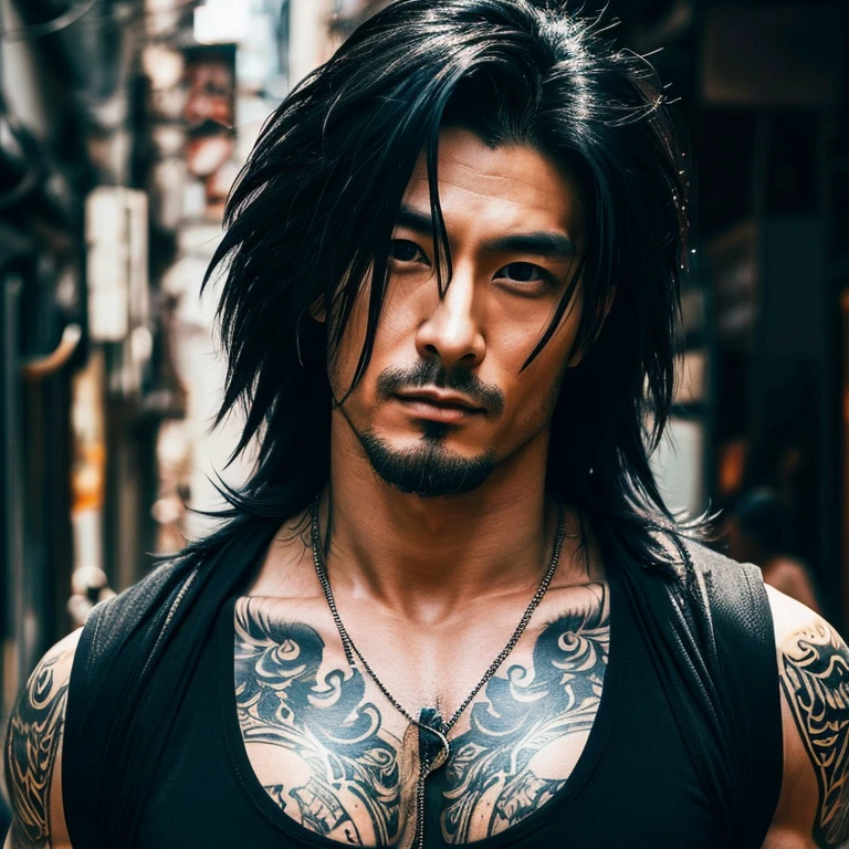 dark man straight hair , muscular arms, posing, women and cars in the background.