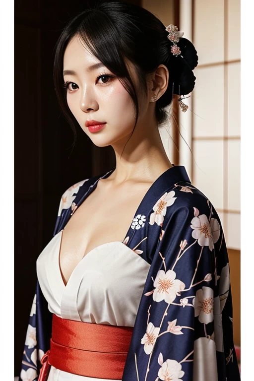 araffe girl in a kimono dress posing for a picture, in kimono, elegant Japanese girl, wearing kimono, Japanese model, Japanese kimono, Japanese goddess, traditional Japanese, in a kimono, wearing a kimono, pale and coloured kimono, white hanfu, kimono, wearing simple robes, classic kimono, wearing silk robe, wearing a simple robe, Japanese Girl, heonhwa choe , Large breasts, show breasts, light black hair, Large Breasts, Hide hands, Super Kawaii girl,18 years old, Super Slim,
