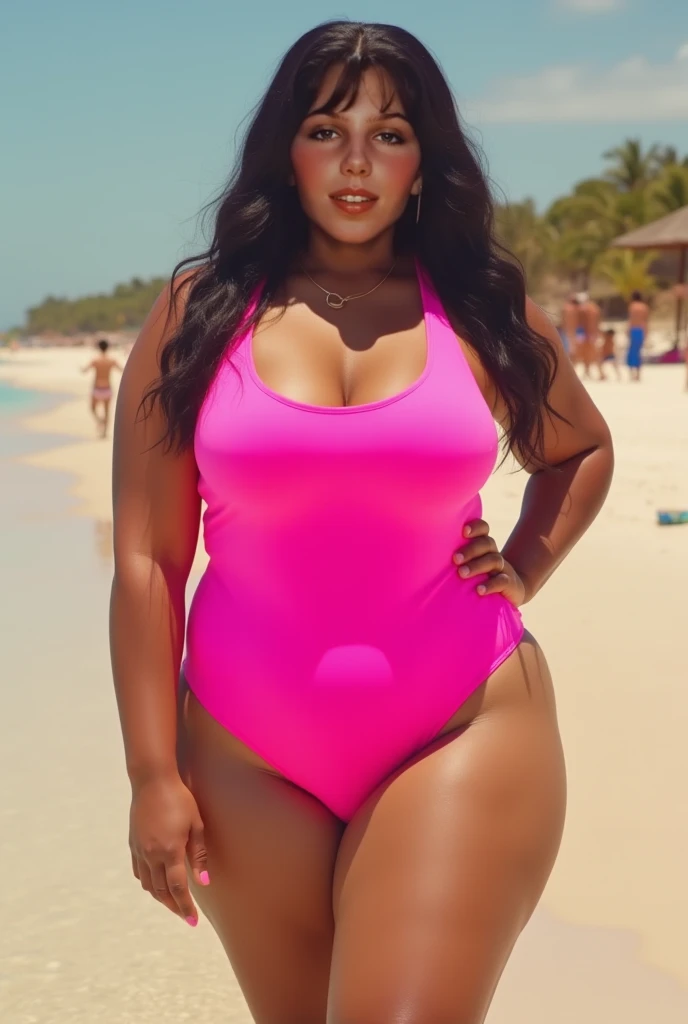 19-year-old israeli girl, one-piece_swimsuit, posing for a picture in a changing room, curvy plump body, indoors, bbw, ((huge breasts)), stacked, thick thighs, large hips, big ass, chest high, side shot fro behind, looking at viewer