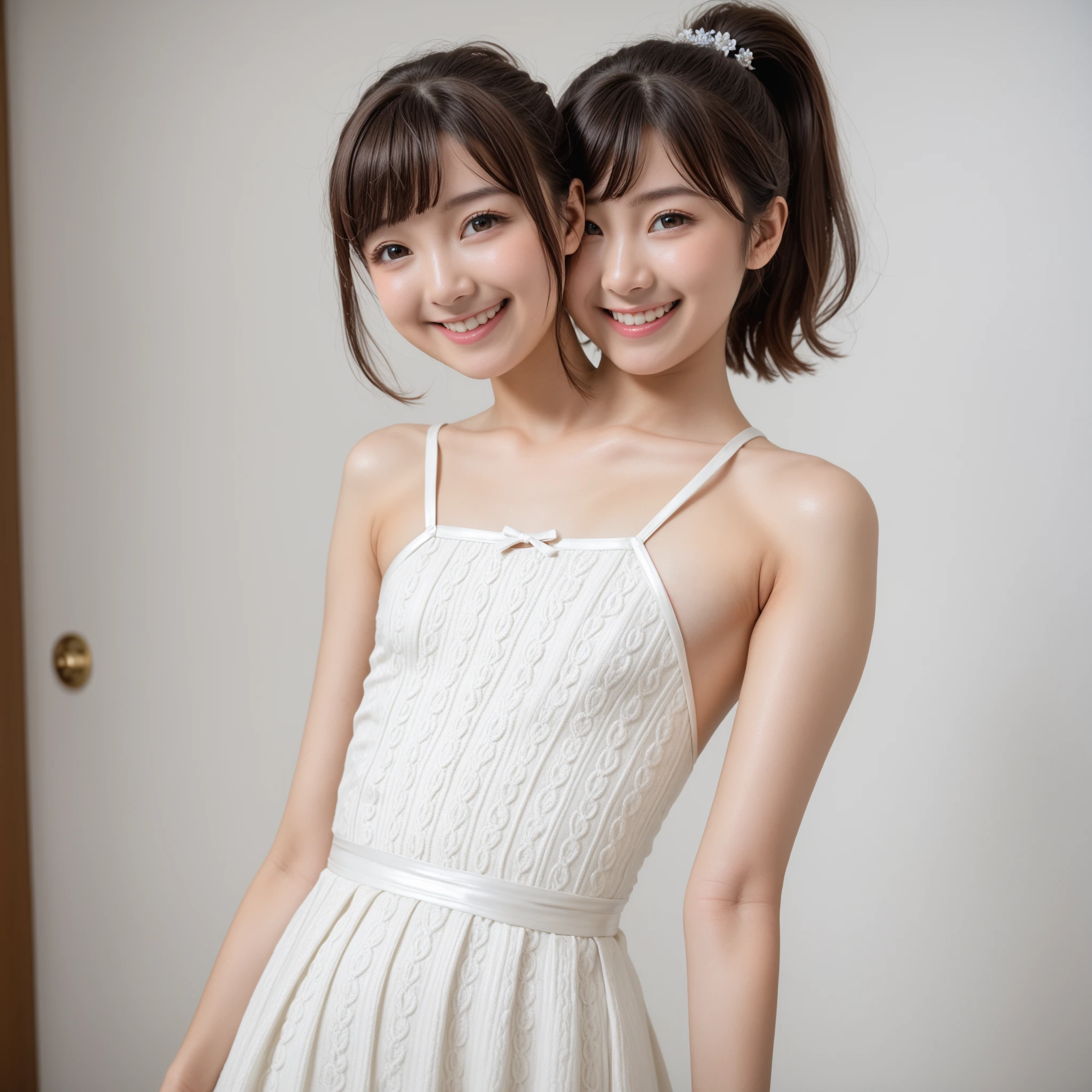 Two young women in white dresses pose for a photo, beautiful gemini twins portrait, Beautiful Gemini twins, Twin tail hairstyle, Two beautiful s, ulzzangs, sakimichan, white hime cut hairstyle, beautiful sci - fi twins, with same hairstyle, two pigtails hairstyle, No double head, twins, cute cute, trending at cgstation