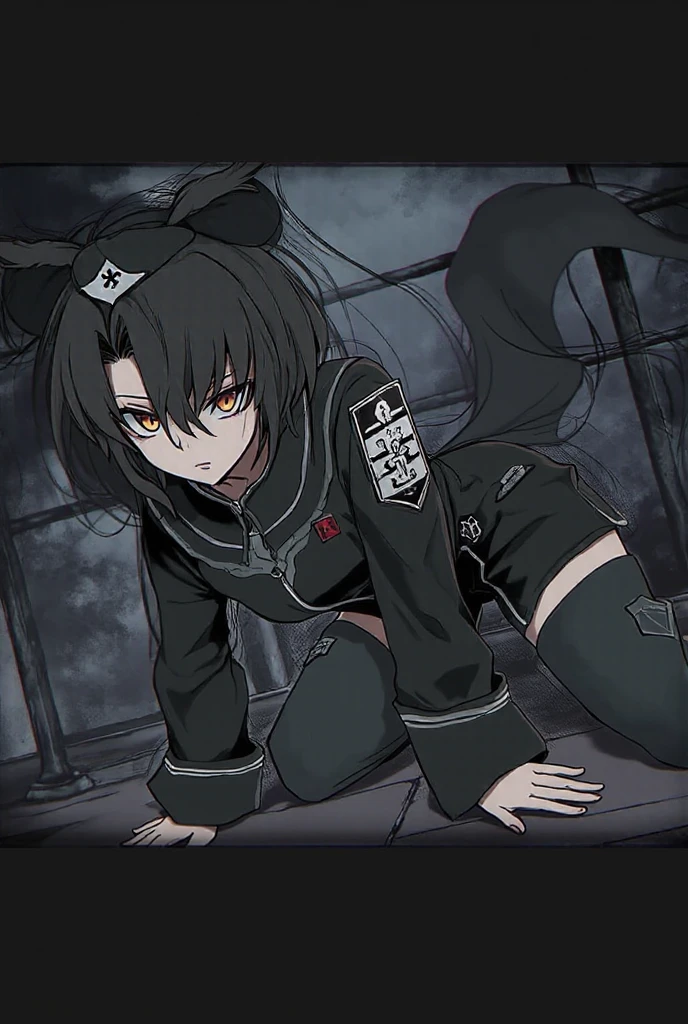 1 Female, Black hair, trench coat, Red Eyes