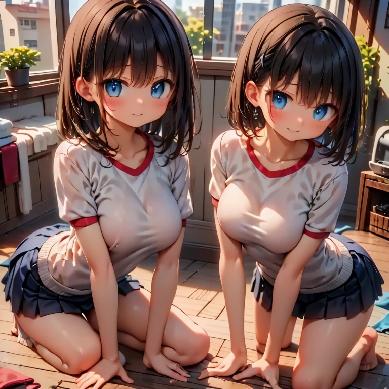 ((Highest quality)), ((masterpiece)), (detailed),Perfect Face,Strong light,With front light,Tanned, flat-chested, fully nude teen sisters kneel on a nudist beach, stretching their backs and spreading their legs to show the camera a close-up of their crotches,