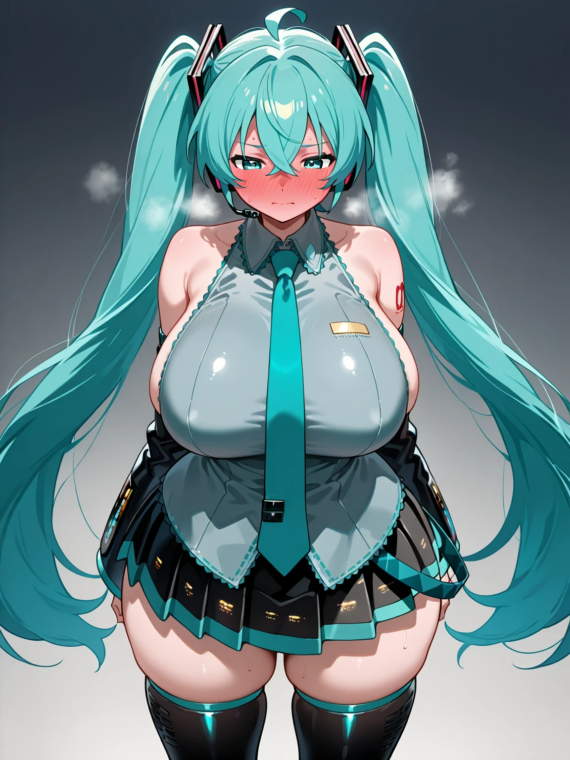 (masterpiece, highres, high quality, very aesthetic, intricate details, super detailed skin, ideal ratio body proportions),front view, upper body, breast focus, newest, 1girl, large heavy breasted anime girl with green hair , 1girl, hatsune miku, vocaloid, breasts, solo, thick thighs, green hair, hair up, 1girl, medium breasts, hair ornament, hair intakes, antenna hair, shiny hair, green eyes, armpits, arms behind head, huge breasts, thicc, gleaming skin, oil, seductive smile, embarrassed, blush, skindantation, bare shoulders, detached collar, detached_sleeves, green necktie, midriff, navel, microbikini, loose bikini, green and white striped bikini, Knee-high boots, white background, simple background, looking at viewer, alternate breast size, in front of the viewer, hands behind back,1girl, thicc, wide hips, thick thighs, big , thick hair,hatsune miku twintails,Striped Lingerie