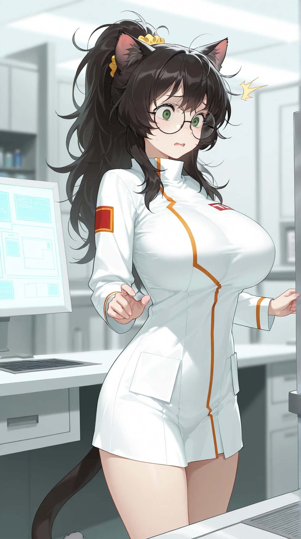 Sexy brunette with long hair, Wearing a white nurse uniform, In her office, Big Lips, Cleavage, Huge breasts, Mature Woman, thick and muscular legs, Depth of written boundary, Cinema Lighting, Anatomically correct, High detail