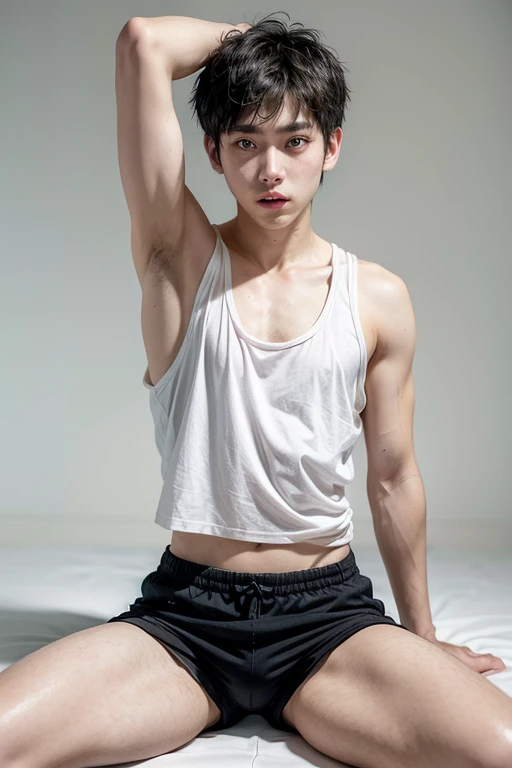 full body, 1 person, 18 year old, muscular man, korean, ???????, wearing white jockstrap, sexy, soft light, Zoom in for a close-up, Masterpiece, best quality, photo realistic,sit, classroom.