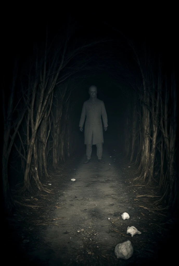 A shadow person is standing on a path with garbage, is found among dry and rotten branches , is illuminated by the light of a flashlight,  THERE'S GARBAGE ON THE FLOOR , the image is in the style of night camera recordings, security camera images, Night images, FPV, Very coherent image, Bad drone camera, strange camera angle, POV Photography, Photo taken at night, filmed with gopro9, fish eye lens distortion, urban exploration-style footage
